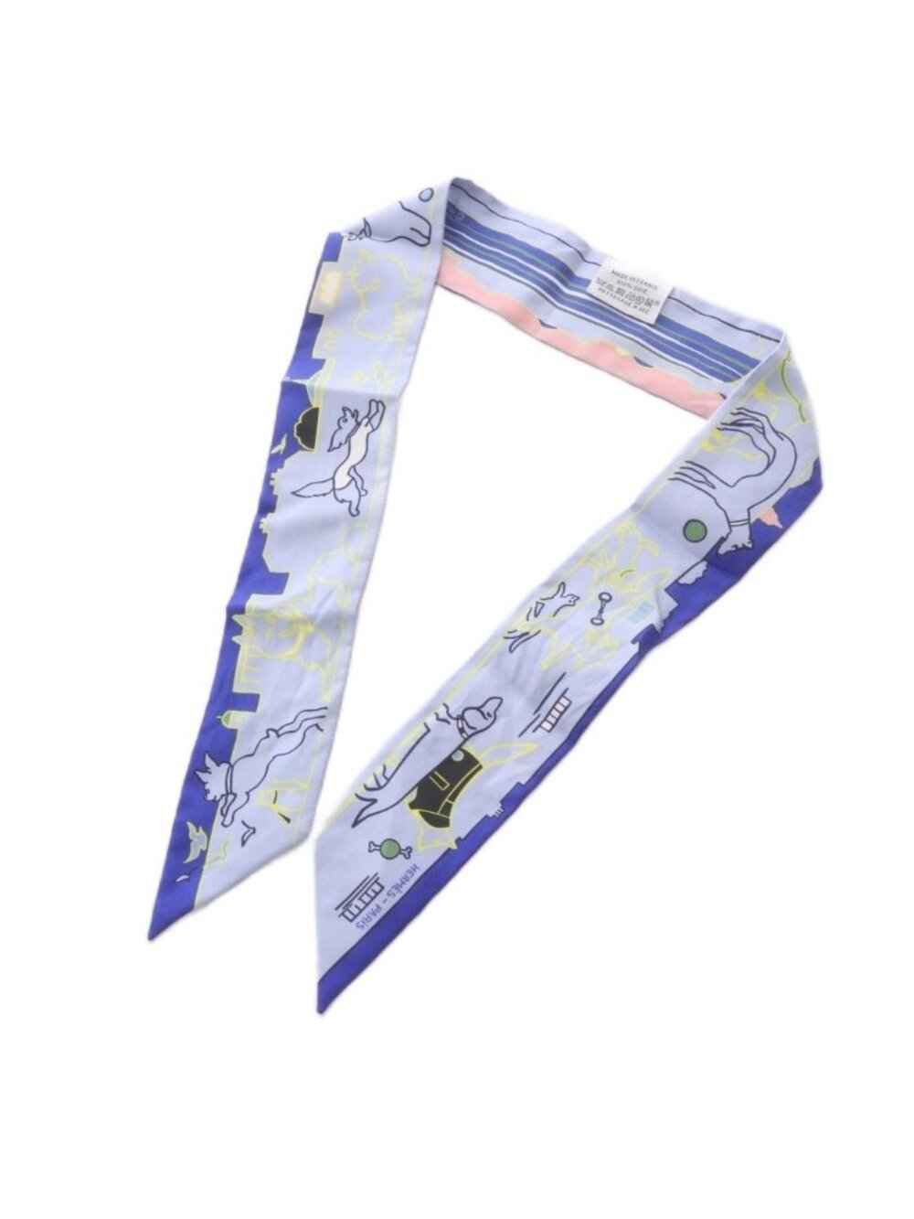 Hermes Twilly Scarf Parisian Dog les Chiens Parisiens Silk Blue Ciel Jaune Rose